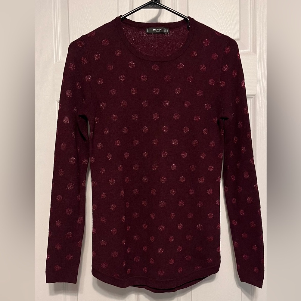 Mango, Women’s Crewneck sweater with shiny dots, burgundy, size S